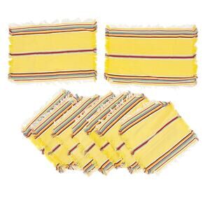 vintage set 7 yellow napkins and 2 table linens fringe edges multicolor stripes